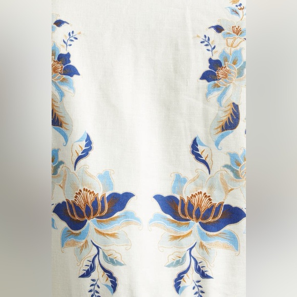 Farm Rio Mystic Blue Lotus Placed Print Long Sleeve Linen Blend Maxi Dress - Picture 8 of 16